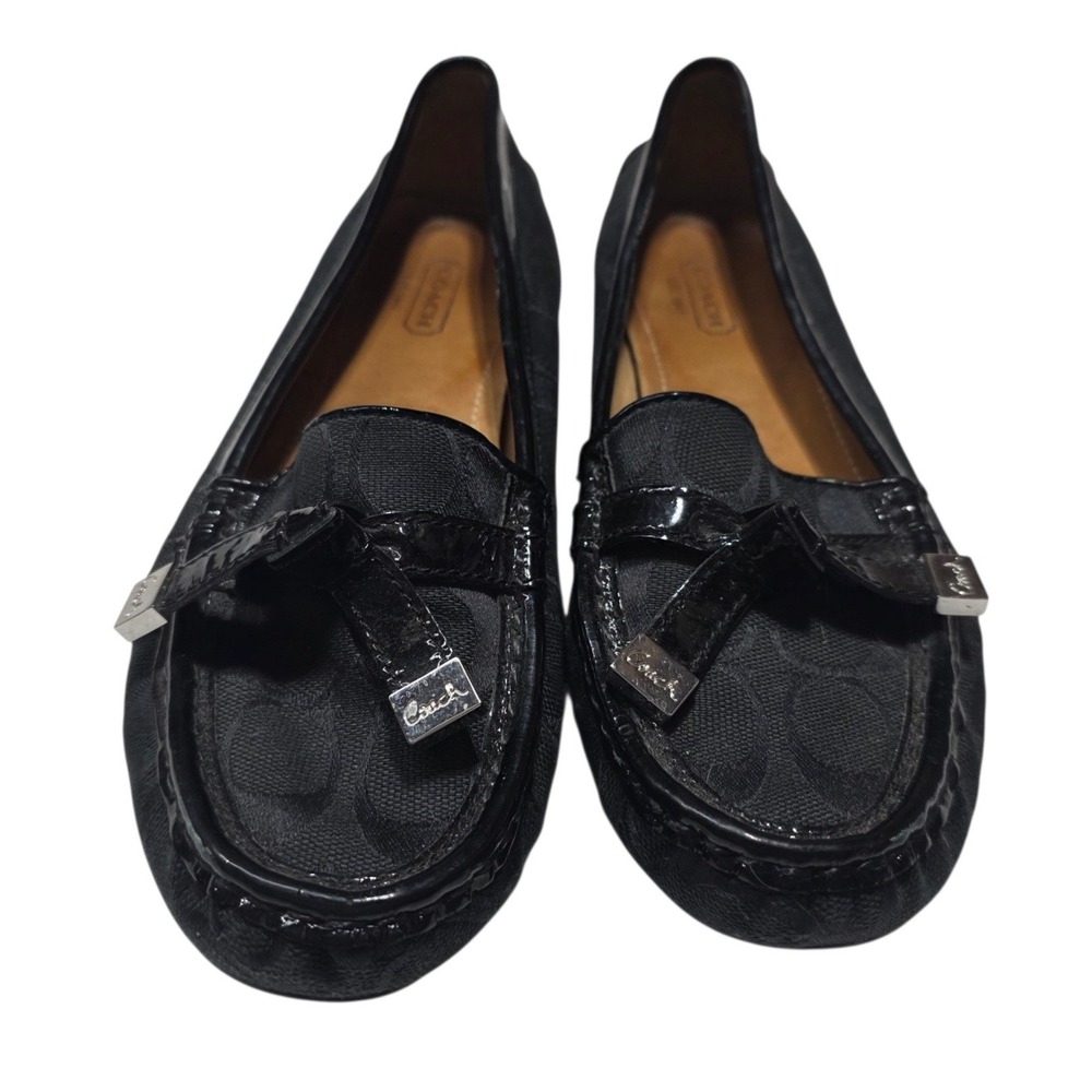 Coach Frida Loafers Womens 7.5B Black Signature Canvas Patent Leather Bow Shoes - Picture 2 of 9